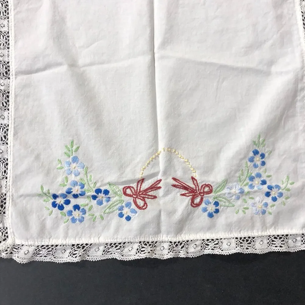 Vintage Small Table Runner with Bows and Flowers, Lace Edges 34” x 14” size